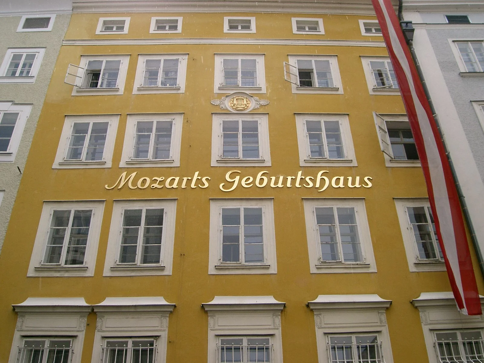 Front view of Mozart Geburtshaus in Salzburg, birthplace of composer Wolfgang Amadeus Mozart.