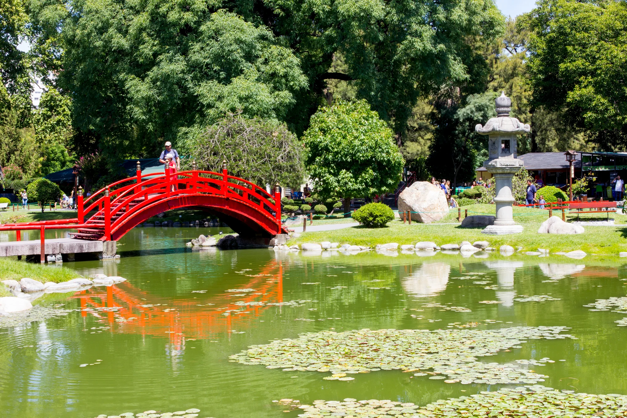 Red bridge over a pond in Jardín Japonés, Buenos Aires, surrounded by lush greenery.