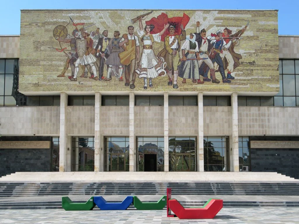 Facade of the National History Museum in Tirana with symbolic mosaic of Albanian history.
