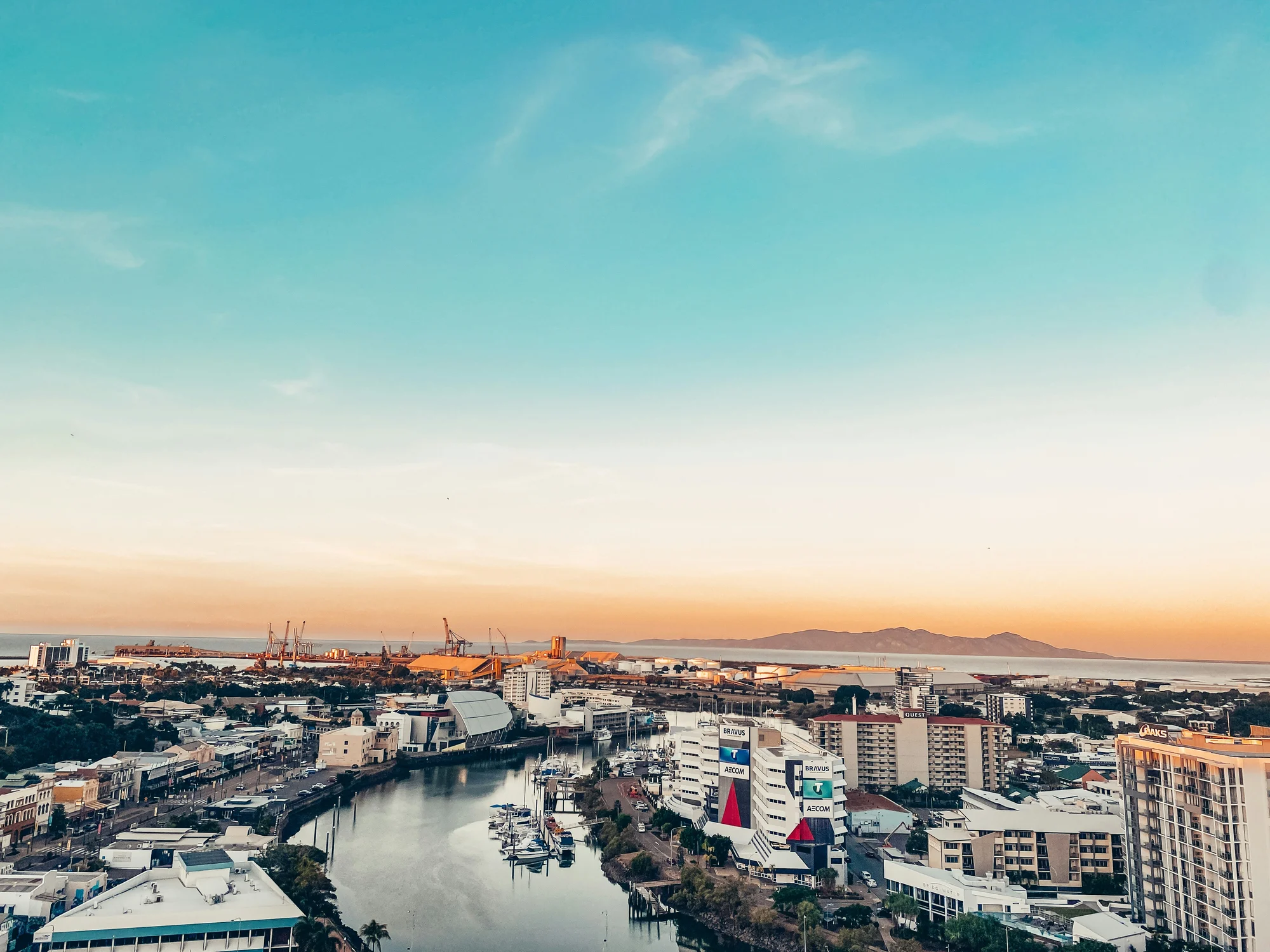 Panoramic view of Townsville with the harbor and nearby islands, Australia.