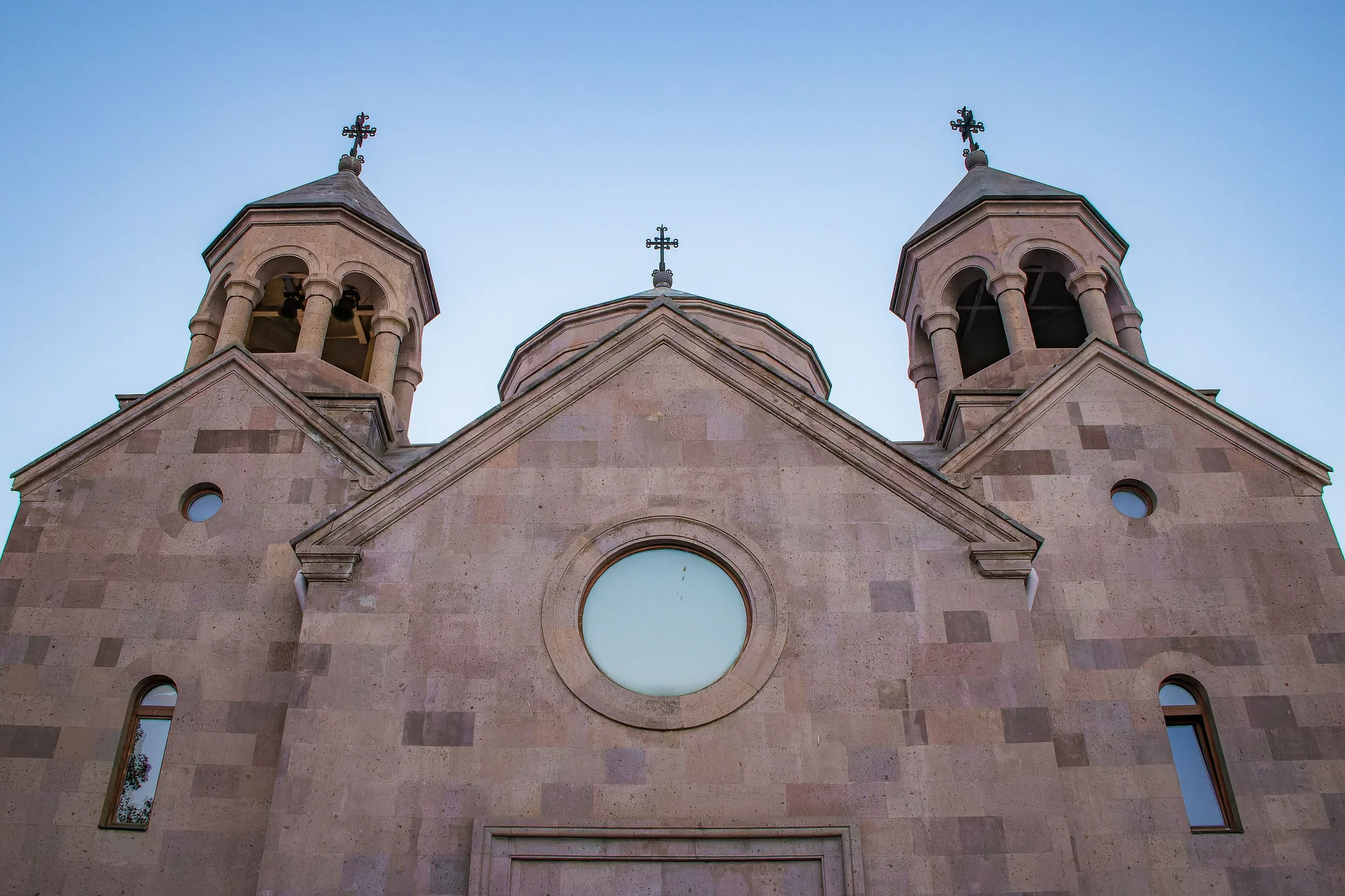 Saint Savior Church in Gyumri, Armenia, featuring its iconic twin towers under a clear sky.