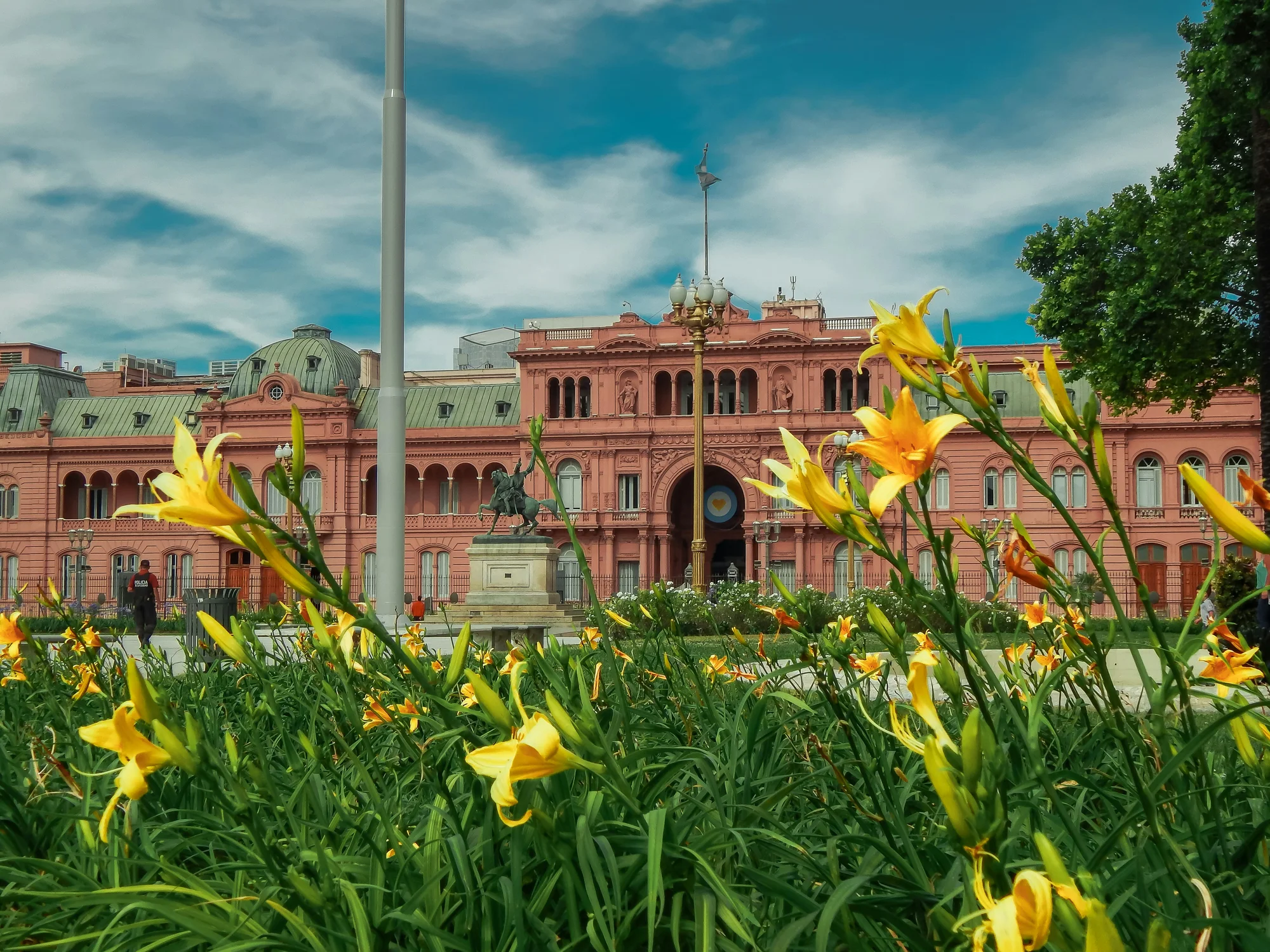Casa Rosada, an iconic building in Buenos Aires, with yellow flowers in the foreground.