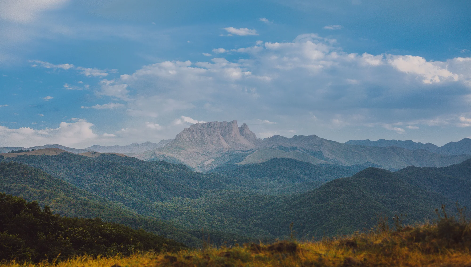 Panoramic view of a scenic mountain with lush vegetation in Ganja, Azerbaijan.