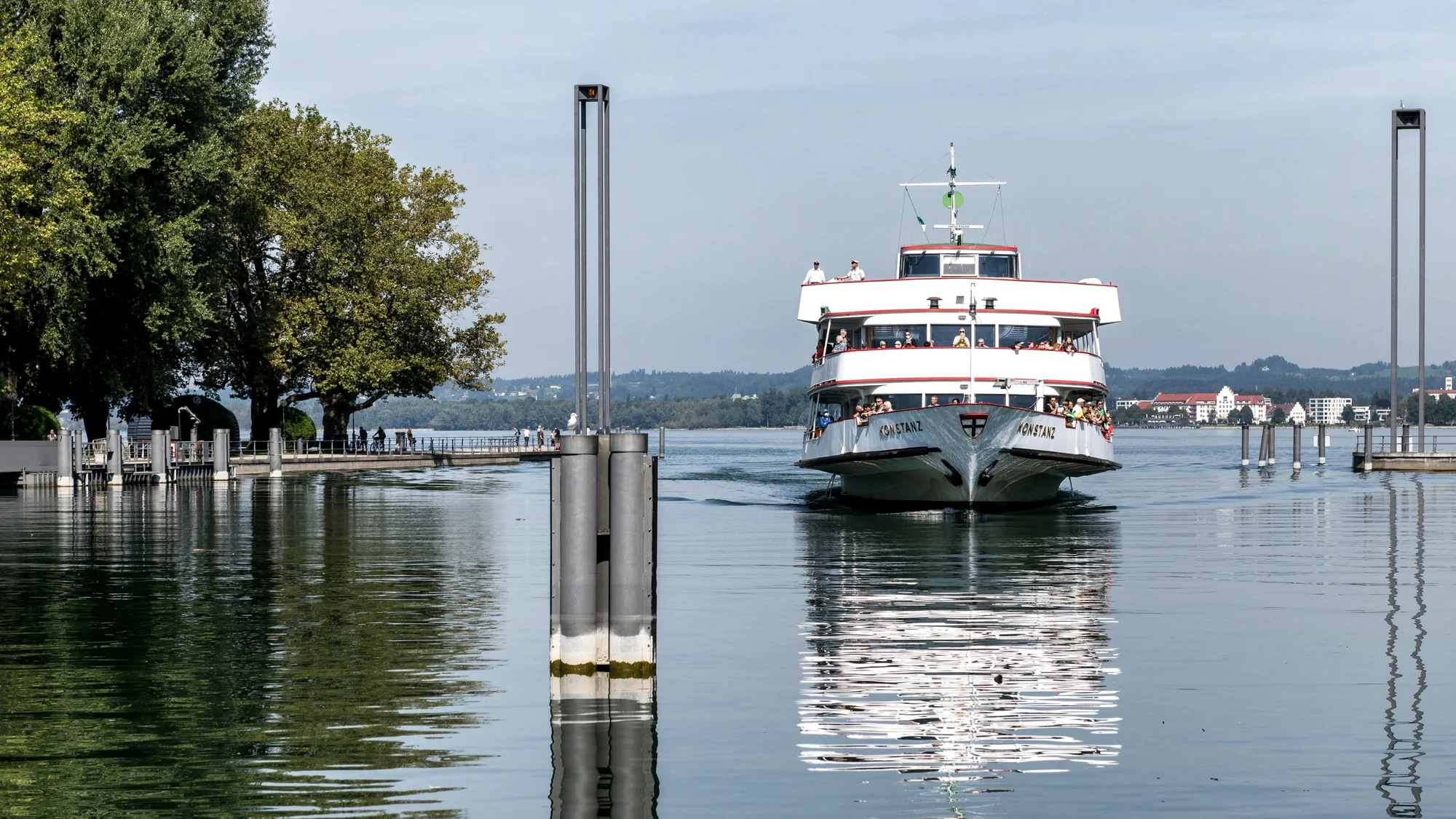 Bregenz waterfront, Austria, with a tourist ship on Lake Bodensee.
