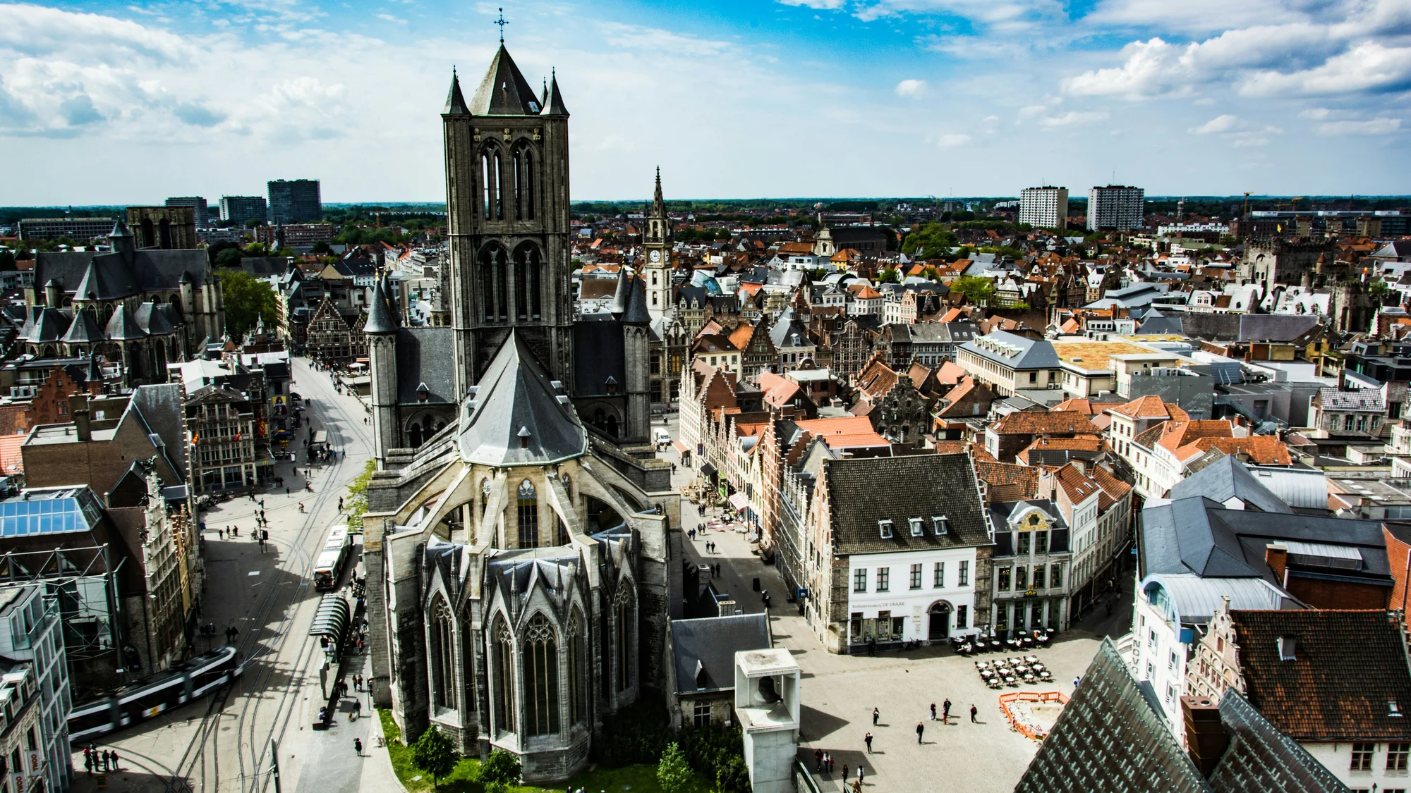 Panorama of Gent city, Belgium, with St. Nicholas' Church and historic buildings.